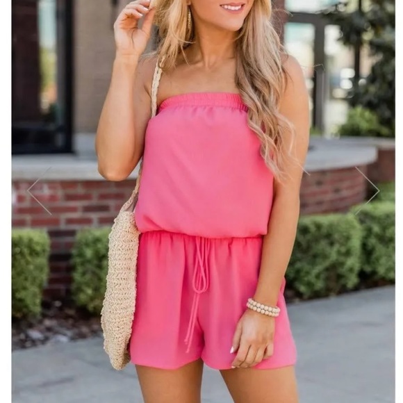 Pink Lily Coral Desert Flames Strapless Romper - Picture 1 of 5